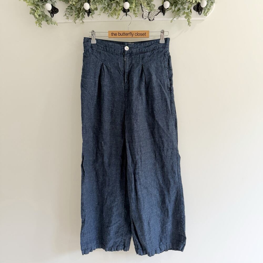 Halston 100% Linen Blue Wide Leg Pleated Pants Size 10 P5807